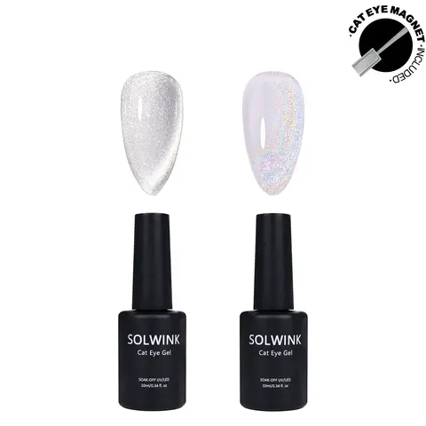 SOLWINK HEMA-TPO Free Colored Gel Cat Eye Nail Polish Bottles (2Pcs/Lot), UV/LED Lamp Required, Silver-Rainbow Crystal Holographic Shine, Safe for Extensions Tips Toes, Ideal for Daily Manicure Gifts for Women Adults