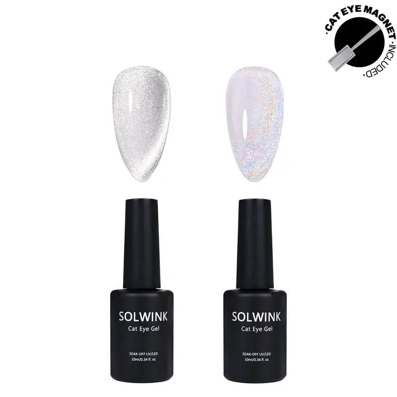 SOLWINK HEMA-TPO Free Colored Gel Cat Eye Nail Polish Bottles (2Pcs/Lot), UV/LED Lamp Required, Silver-Rainbow Crystal Holographic Shine, Safe for Extensions Tips Toes, Ideal for Daily Manicure Gifts for Women Adults
