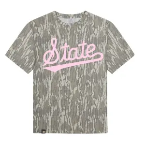 Pink State Letter Washed Out Tee Mossy Oak Original Bottomland, Mossy Oak Original Bottomland Pink State Letter Deer Printing Short Sleeve Shirt