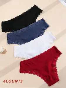 4 Pack Lace Thong Panties for Women, Seamless Sweet Cute Aesthetic Style, Daily Wear, Young Essential, Comfortable, Comfy Panty, Fitted and Versatile Underwear Set, Trim Lace Panty