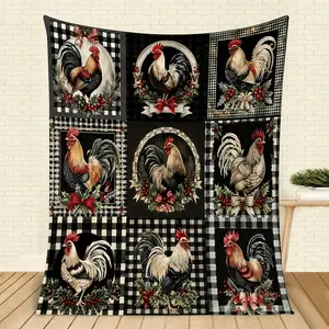 1 Piece Vintage Luxurious Rooster Theme Flannel Blanket - Soft 100% Polyester Fiber, All-Season Warmth, Digital Print Bright Rooster and Floral Patterns, Suitable for Sofa, Bed, Office, Camping and Travel, Sofa Throw Blanket |   Floral Pattern Blanket |