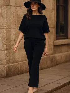 Two-Piece Set Classy Boat Neck Bat Wing Top & Wide-Leg Knit Pants Chic Clothes