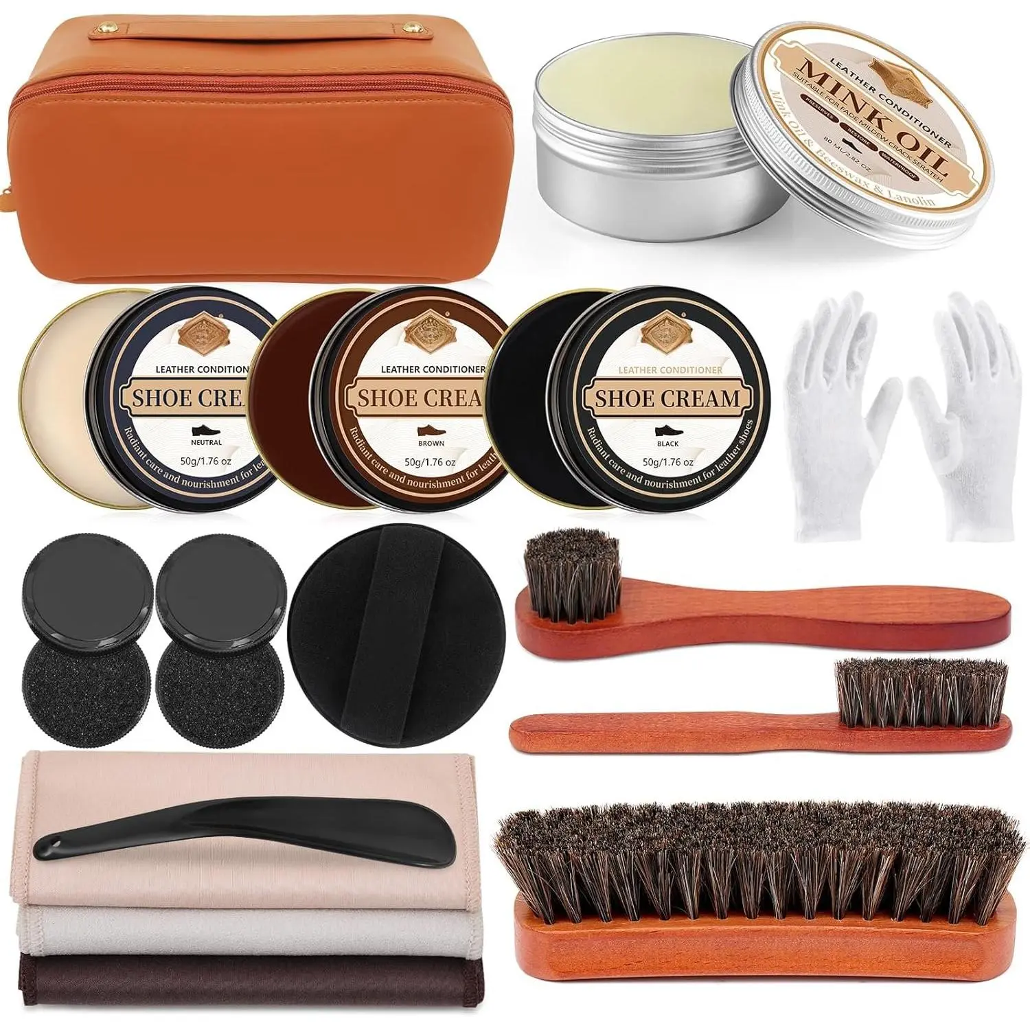 16 count Leather Shoe Polish Kit,Shoe Shine Kit with Black/Brown Shoe Polish,Shoe Bruhses for Leather Boot Care and Cleaning,Shoe Shine Gifts for Men