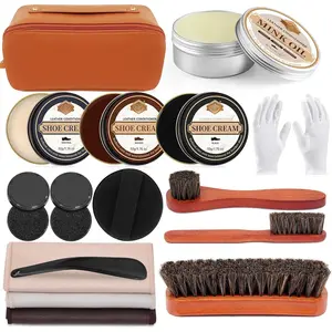 16 count Leather Shoe Polish Kit,Shoe Shine Kit with Black/Brown Shoe Polish,Shoe Bruhses for Leather Boot Care and Cleaning,Shoe Shine Gifts for Men