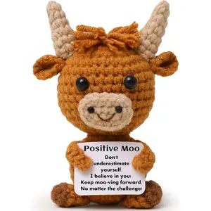 Mini Funny Positive Highland Cow, Knitted Wool Cow Toy with Positive Card - Creative Cute Crochet Doll for Emotional Support |   Valentine's Day Easter Gifts for Friends, Women, Students diy  gifts  bf