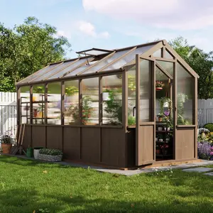 Garvee Wooden Greenhouses in Various Sizes (6x8, 6x10, 6x12 FT) with Heavy Duty Spruce Frame, PC Panels, Adjustable Roof Vents, Lockable Door; Ideal for Garden, Backyard, Patio, Lawn