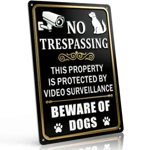 8x12 Inch Aluminum "No Trespassing Protected By Video Surveillance & Dogs" Metal Sign Luxury Black/Gold Design Durable High-Visibility Wall Art for Yard Garage Home