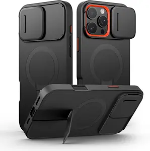 SURITCH for iPhone 16 Pro Max Case with Magnetic Camera Slide Cover and Adjustable Kickstand, Compatible with MagSafe, Shockproof Bumper Case Slim Protective Cover 6.9 Inch, Black