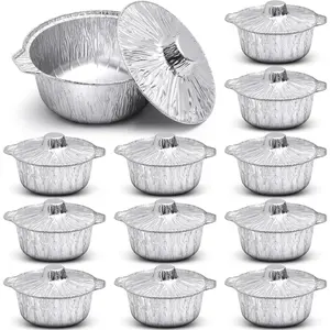 12 count Disposable Aluminum Pot with Lid Round Foil Pans Disposable Cookware  Container for Vacation Trips Camping Baking Heating Cooking (33.8 oz)