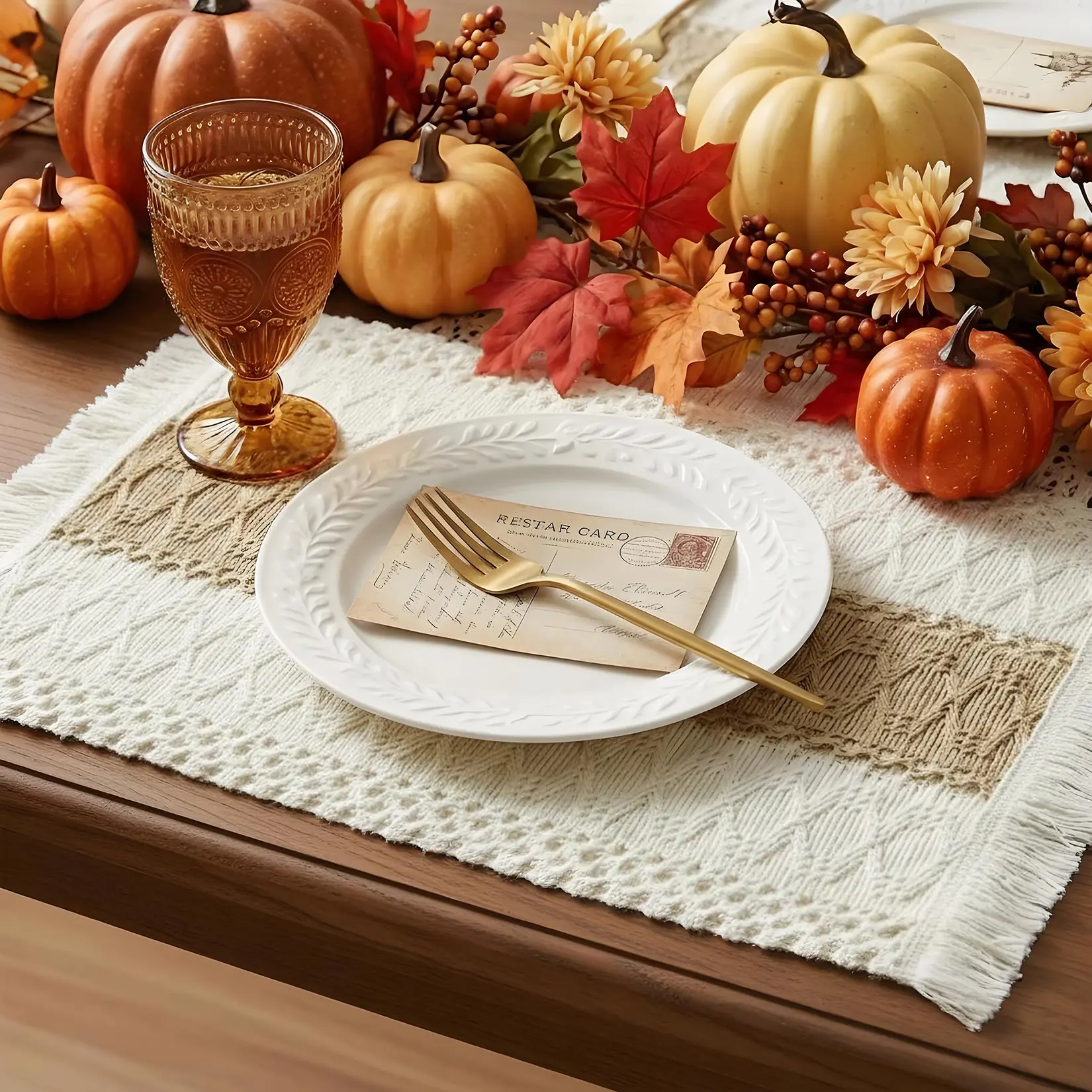 OUTGOODS Bohemian Handwoven Crochet Oblong Patterned Placemats Set of 12, Washable Linen-Cotton Macrame Table Mats, 12x20 in Beige White for Farmhouse Kitchen Decor, Handwoven Place Mats, Crochet Place Mats