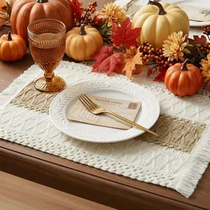 OUTGOODS Boho Crochet Tassel Placemats Set of 12, Linen-Cotton Macrame Table Mats for Farmhouse Kitchen Dining Room Decor, 12x20 Inch Beige White