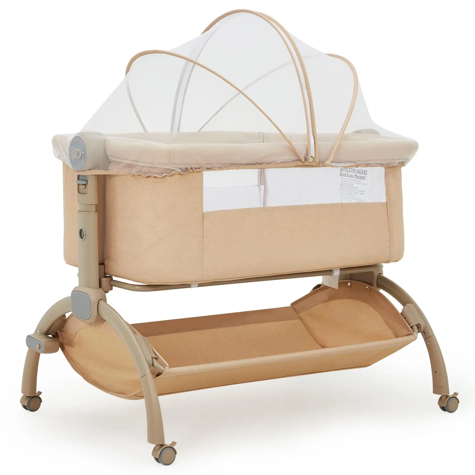 Khaki Bedside Cosleeper Crib with Breathable Mesh, Mattress, Adjustable Height, Incline Setting, Mosquito Net, Storage Layer & Mobile Wheels – Bassinet for Baby Newborn Indoor Furniture Bedside Sleeper
