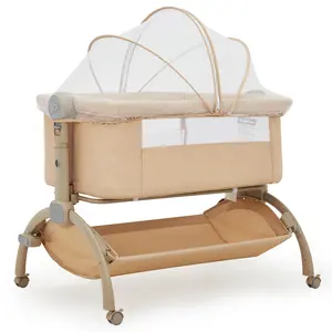 Khaki Cosleeper Bedside Cribs with Breathable Mesh and Mattress, Adjustable Height Bassinet Bedside Sleeper with Incline Setting, Mosquito Net, Storage Layer & Mobile Wheels, Baby Crib for Newborn