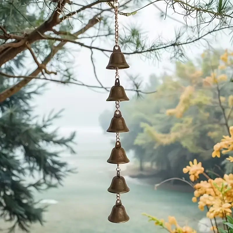 Handmade Metal Hanging Wind Chime, Classic Rustic Iron Bell with Decorative Chain, Outdoor Garden Wall Decoration, Thanksgiving Home Decor, Holiday Gift, Windchimes