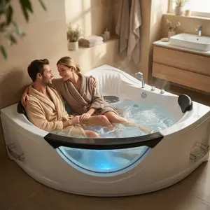 Aobtkel®59" Corner Whirlpool Bathtub for 2-Person, Luxury Jetted Spa Tub with 6 Hydro Massage Jets, Chromatherapy LED Lights &Pneumatic adjust system, UL Certified water pump,UPC Certified drainer#Summervibes