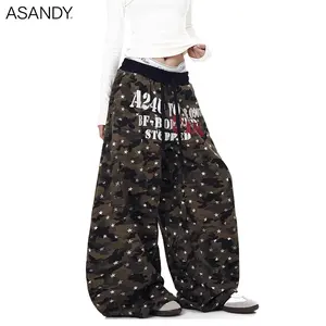 ASANDY Camo Star Print Hip Hop Wide-Leg Pants| Oversized Baggy Streetwear Trousers for Women| High Waist Drawstring Casual Cargo Pants