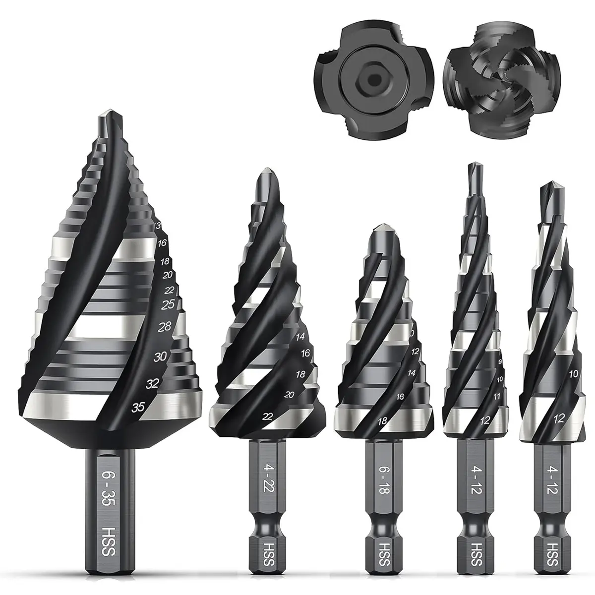 Four-fluted step drill bit set, metric 5-piece high-speed steel step drill bits, 6mm and 10mm shank diameters, suitable for aluminum, wood, and plastic, with anti-friction cutting edges