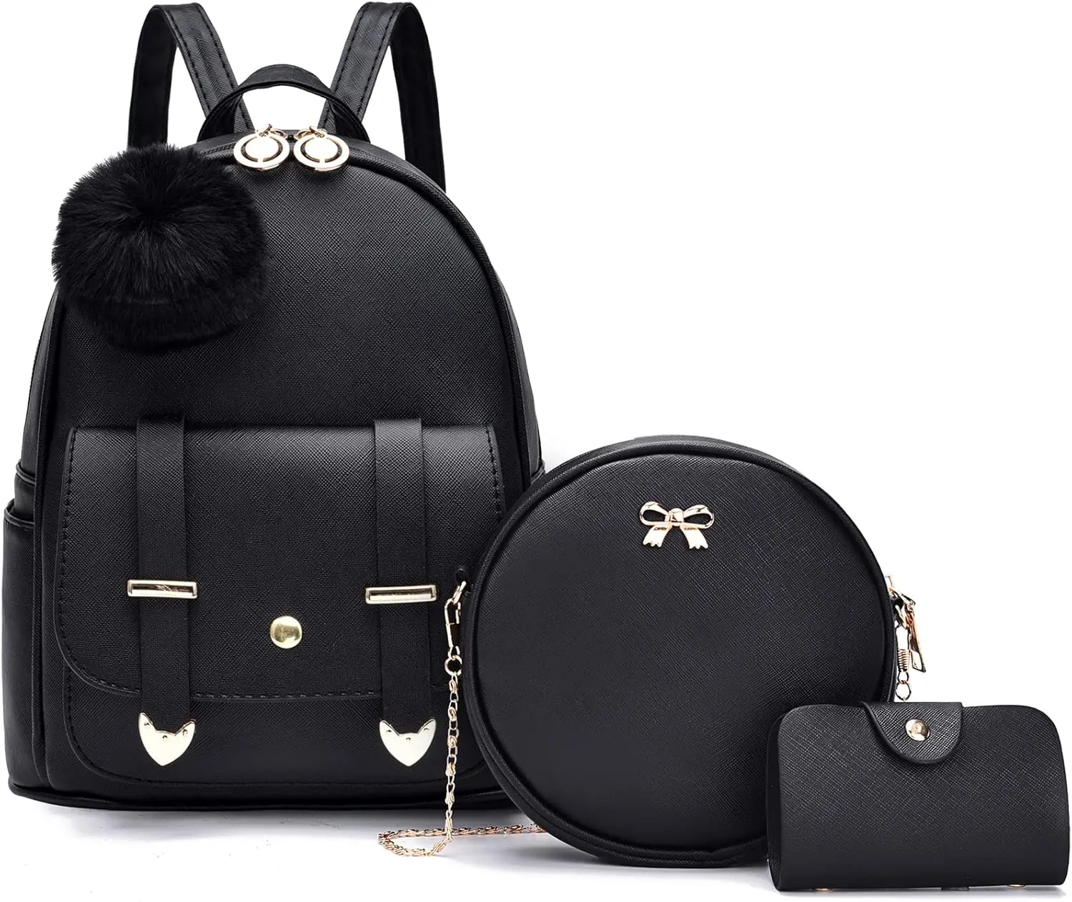 Mn Backpack Purse for Teen Grls 3-PCS Fashon Backpack Cute Travel Daypacks Women Pompom Backpack  Bag