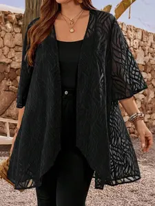 Plus Size Lace Kimono Jacket - Solid Color Cutout Open Front Cardigan for Summer Beach