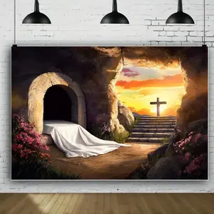 Polyester 2D Flat Easter Sunrise & Cross Photography Backdrop-Banner, 39x59in/70.8x90.5in, No Power Needed, Ideal for Weddings, Photo Booths, Birthday Celebrations