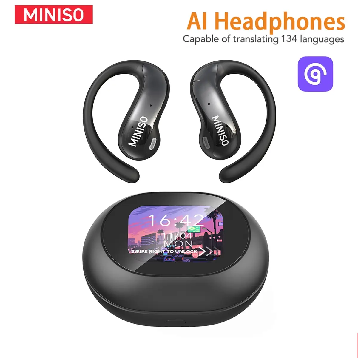 MINISO MS188 Wireless BT Headphones, 1 Count Open-back Over-ear Headphones with LCD Display Charging Case, Suitable for Daily Commuting, Stereo Sound