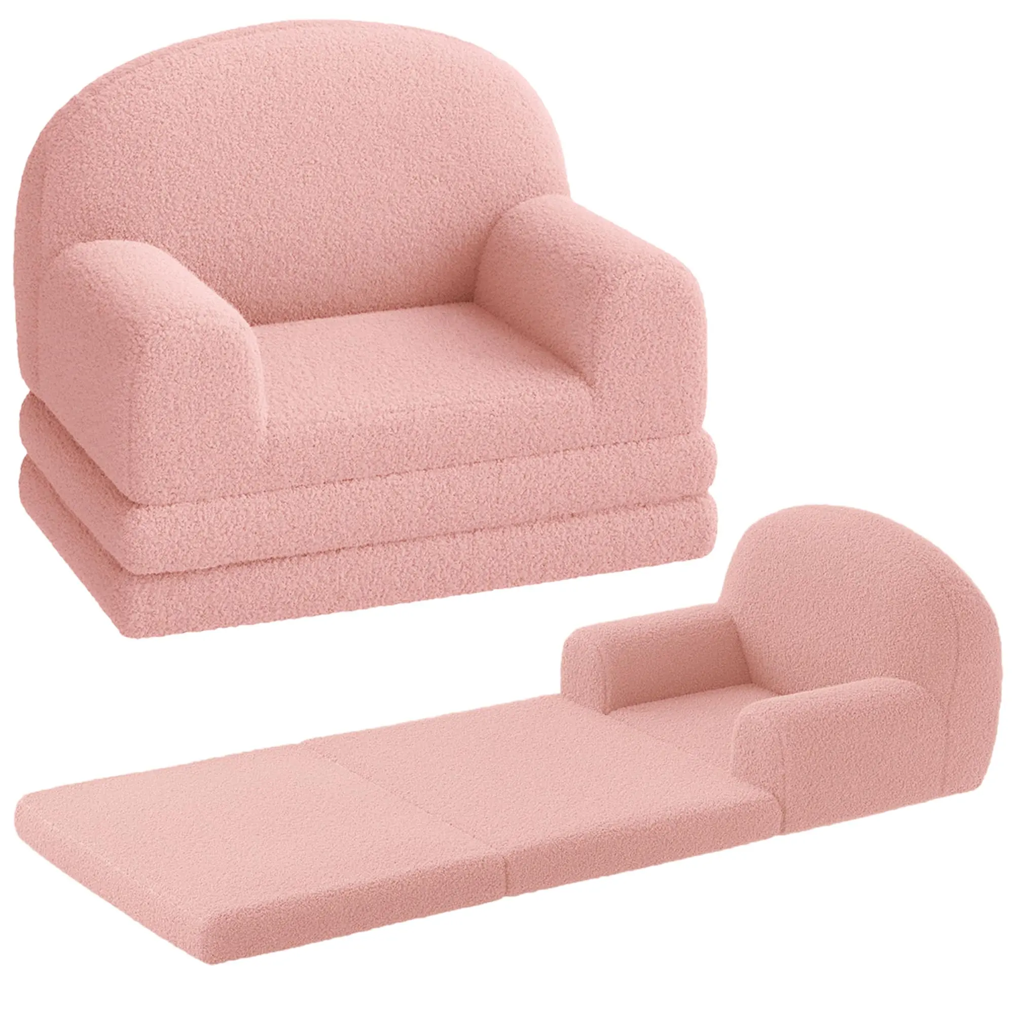 Kids Couch, 2-in-1 Convertible Teddy Fleece Fabric Toddler Sofa Chair, Soft Fold Out Couch Lounger for Kids, Comfy Children's Sofa Bed for Playroom, Nursery, Birthday Gift (Pink Moon)