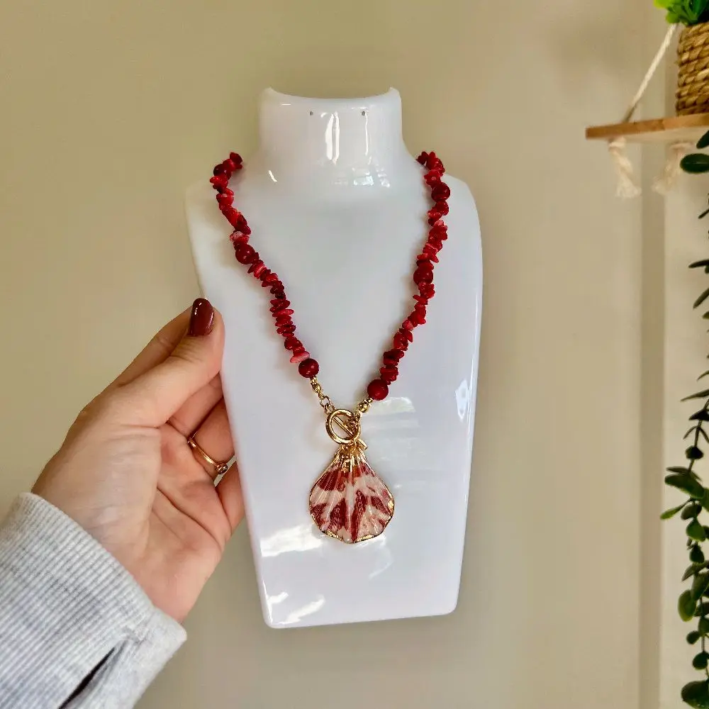 Red Coral Seashell Necklace with Gold Accents