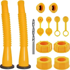 Gas Can Spout Replacement, 8.1in Length Gas Can Nozzle Easier to Use, Fits Most 1/2/5/10 Gal Oil Cans, Comes With Gas Tank Vent Caps, Thick Rubber Pad, Spout Cover, Base Caps, 2 Kit Yellow