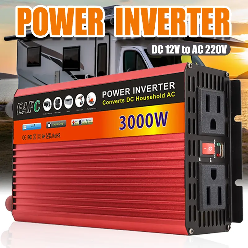 3000W Peak Vehicle-Marine Power Converter (US Plug, Clamp) - 12V DC to 110V AC Aluminum Alloy 3000W Model with Auto Shut-Off, Fast Charge for Phones, iPads, Laptops, Car Battery Repair Tool Accessory for Cars/Trucks