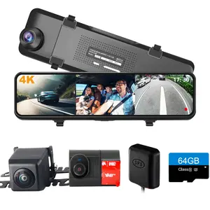 4K 3-Channel Mirror Dash Cam, 11" Triple View Camera for Car/RV/Truck, Night Vision, Free 64GB Card, GPS, G-Sensor, WDR, 24H Parking Monitor & Assist