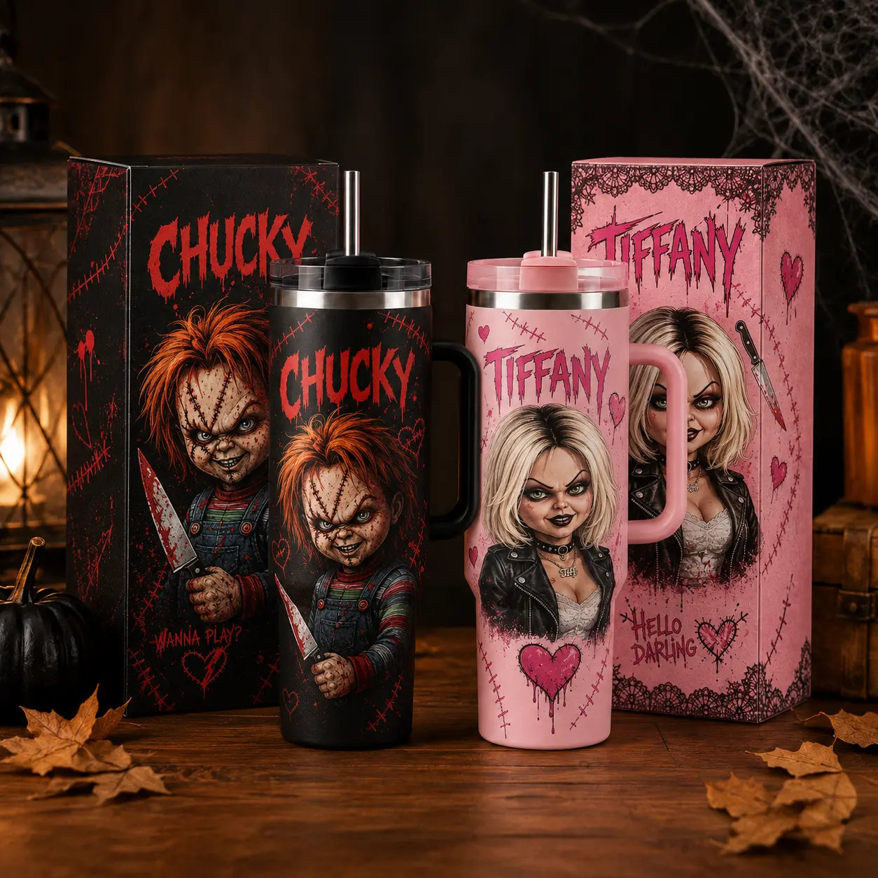 OceanSip4U Chucky & Tiffany Bride of Chucky 40oz Tumbler with Handle & Straw, Stainless Steel Insulated Travel Mug, Horror Couple Collector Cup, Halloween Horror Movie Fan Gift