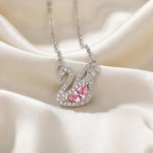 Sparkling Swan Necklace & Bracelet Set, Pink Crystal Pendant, Silver Alloy Matching Jewelry Gift for Her
