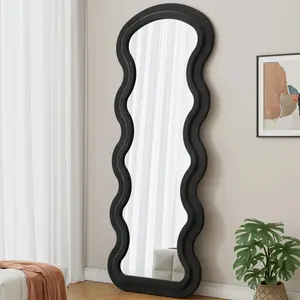 Comfortable Flannel Fabric Touch Full Body Mirror Length Wave Wood Frame Mirror for Living Room Bedroom Wall Cloakroom Gift