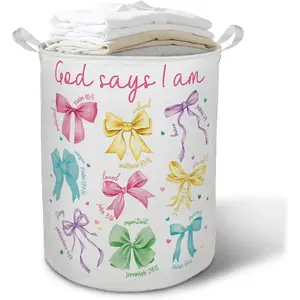 God Says I Am Colorful Bow Laundry Basket Hamper, Coquette Christian Bible Verse Foldable Clothes Toys Books Storage Box Bins Baskets Organizer for Girls Bedroom Bathroom Apartment