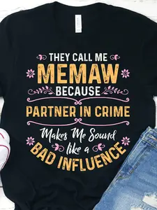 Humorous 'They Call Me Memaw Because Partner in Crime' T-Shirt - Black with Pink Text - Comfortable Vintage Graphic Tee - Soft And Breathable for Both Women And Men - Suitable for All Seasons - Unisex Style for 2025 Summer Short-Sleeved Printed Tee