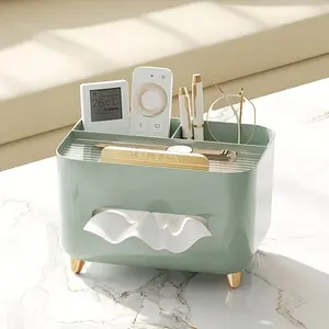 Multifunctional Desk Organizer Tissue Box with Remote Storage, Stylish Cream Design, Polished Surface, 3 Compartments for Home Office Organization