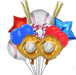 16PCS Baseball Foil Balloons Set Baseball Glove Baseball Bats Balloons with Latex Balloons Red Blue Star Mylar Balloons for Baseball Party Decoration