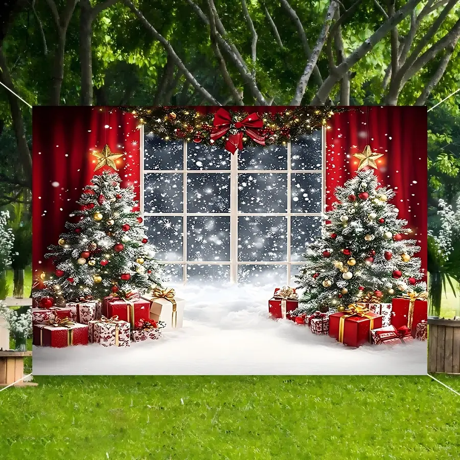 1pc Christmas background fabric banner decoration, made of polyester, features a Christmas tree, snow scene outside the window, and bow design. It is suitable for Christmas party decoration, courtyard, garden decoration, and various festival decorations