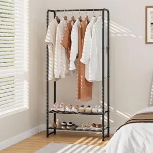Freestanding Clothes Rack, Heavy-Duty Metal Garment Coat Rack with Double Storage Shelves, Portable Hanging Clothing Organizer for Shoe Storage, Laundry Room, Bedroom and Closet, Black