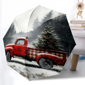 Red Truck Christmas Tree Printed New Universal Umbrella, Automatic Folding Umbrella, Portable Foldable Design Travel Umbrella, Outdoor Umbrella, Black Friday, Christmas, Birthday Gift D1350