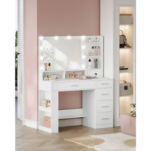Vanity Desk With Large HD Mirror, Makeup Vanity With Led Lights, Dressing Table With Power Strip, 6 Storage Shelves, 5 Drawers And Side Open Storage, Simple, Bedroom Furniture, As A Gift For Wife, Daughter,White