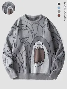 Men's Cartoon Shark Print Round Neck Streetwear Sweatshirt, Regular Fit Casual Street Fashion Long Sleeve Pullover for Fall & Winter, Men's Clothes for Daily Wear Sweater