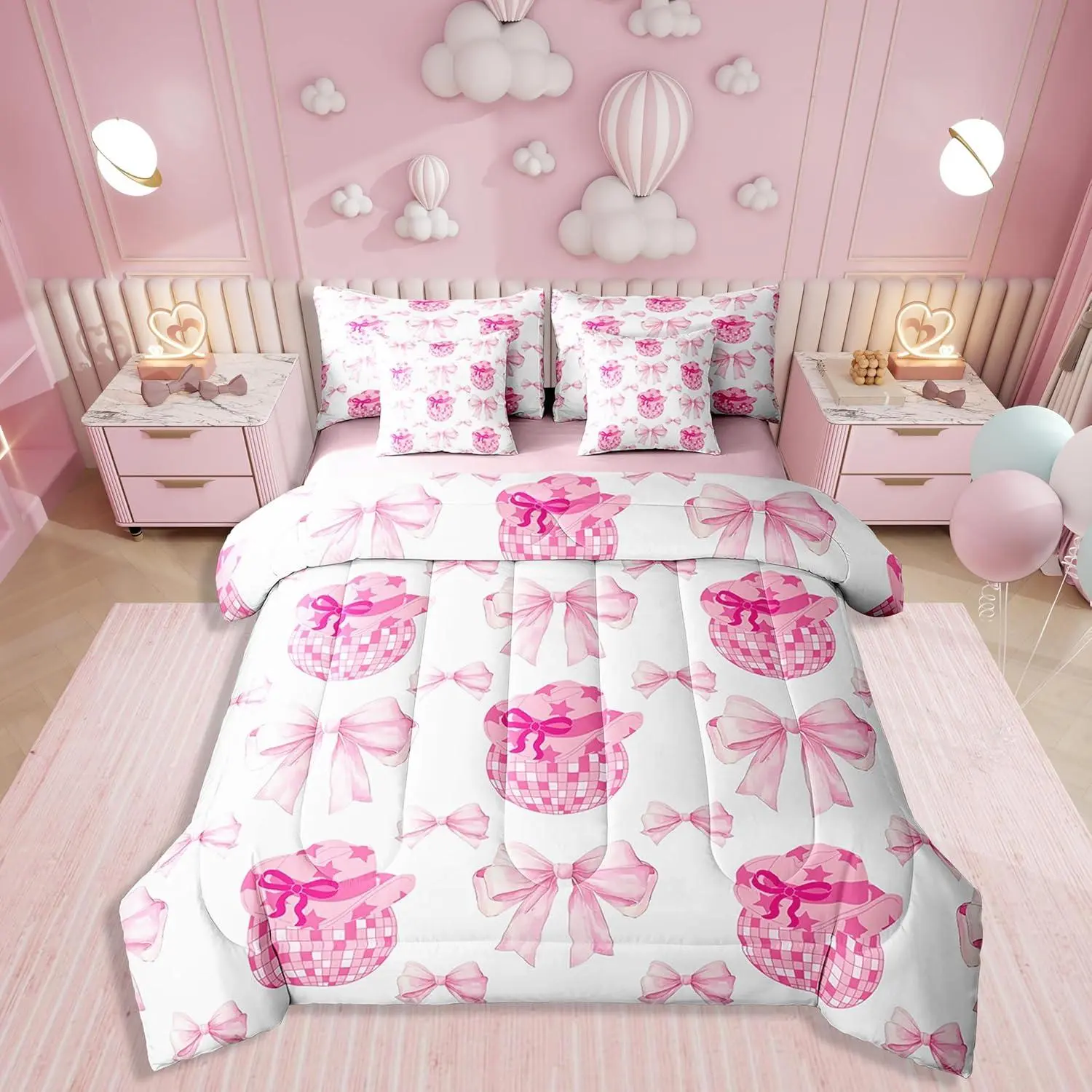 7 Piece Pink Bowknot Bedding Set Women,Western Cowgirl Comforter Set,Disco Ball Duvet Set,Rustic Farmhouse Cowboy Quilt Comforter,Hippie Bow Valentine Sheet Set