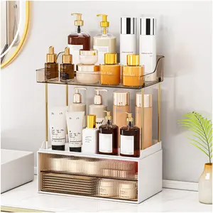 7CODE Amber Cosmetic Organizer - 4-Tier, 2-Drawer Home Storage Box for Bathroom Countertop Makeup, Skincare & Perfume