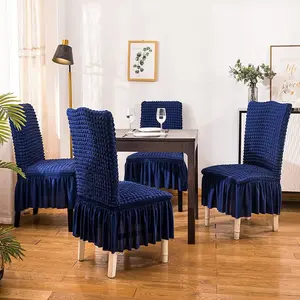 Dining Room Chair Covers with Skirt Stretch Blue High Back Chair Cover Ruffle Elegant Seersucker Chair Cover Washable Furniture Protector for Dining Room Ceremony