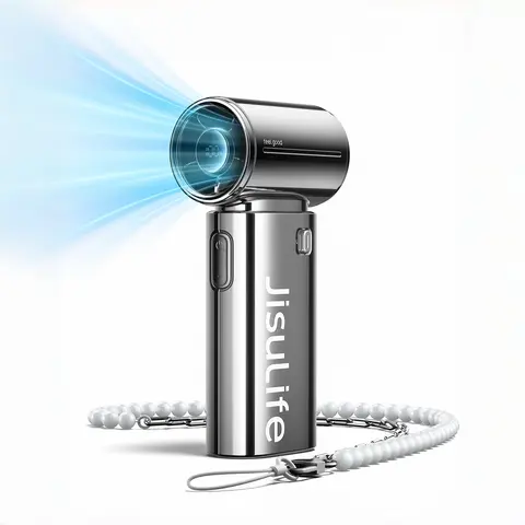 JISULIFE Life9s Chrome Mini Portable Handheld Multifunctional Cooling Fan - Turbo High-Speed Heat Relief, 5000mAh Rechargeable, 18H Long-Run Cooling, Compact Gadget, Bedroom Household Appliance Gift