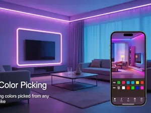 50ft RGB LED strip lights with music sync. Supports app and 44-key infrared remote control. Color-changing design for bedroom, living room, kitchen, party decor.