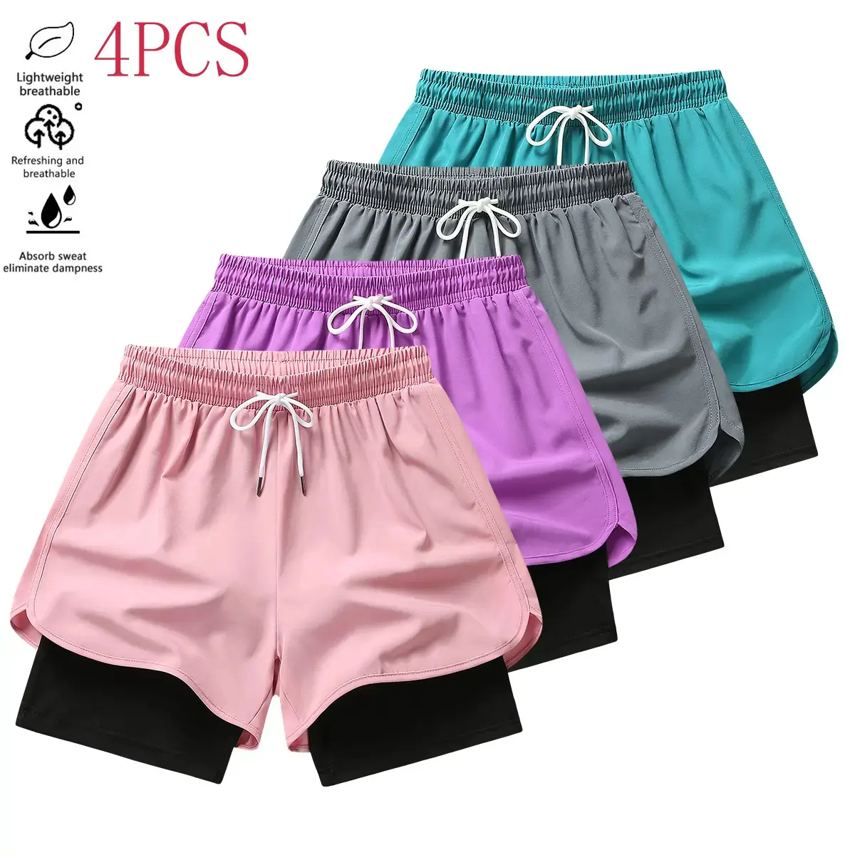 4 pieces of women’s summer shorts. Stylish, versatile bottoms. Everyday wear. Outdoor casual and sports shorts. A gift for her., Mid Waist, Sport Shorts