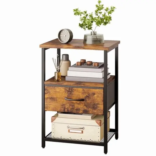 TOMNK Nightstand with Fabric Drawer, Bedside Table for Bedroom, Rustic Brown