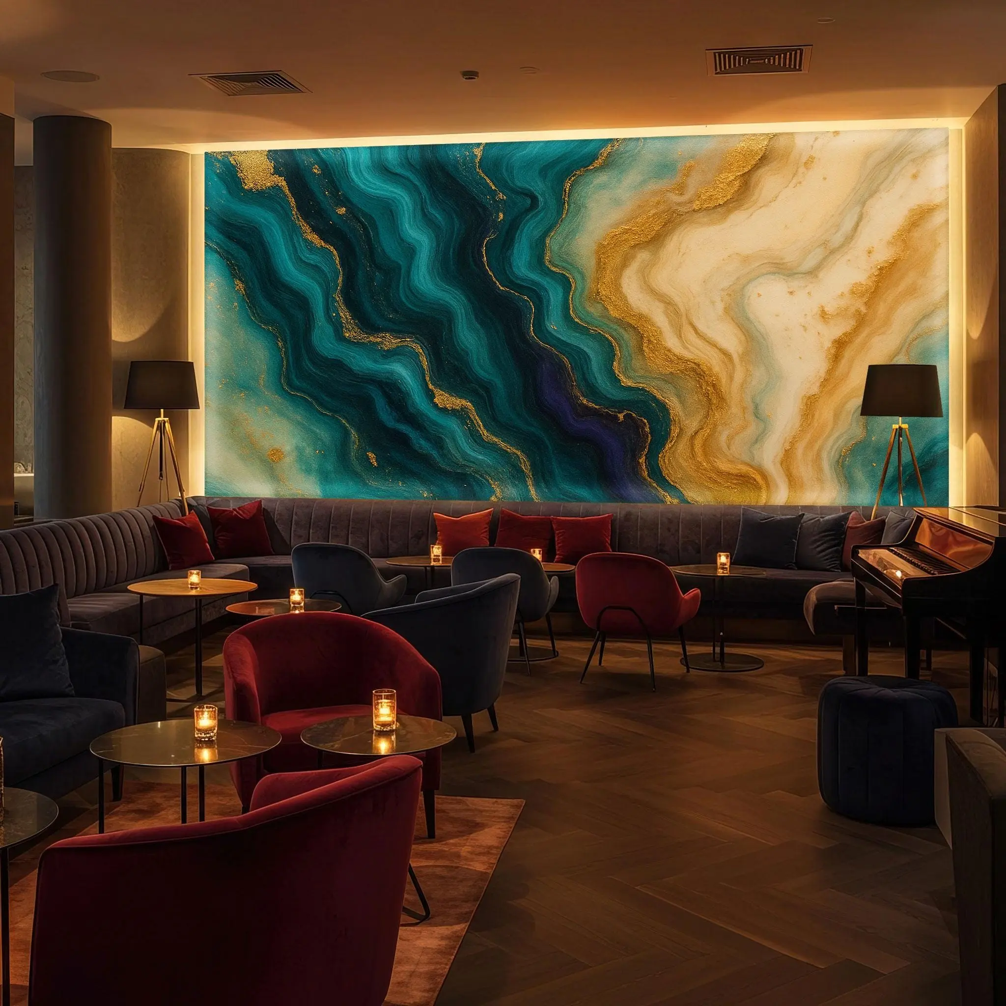 Ocean Gold Flow Resin Mural - Deep Blue and Champagne Marble Wallpaper for Luxe Homes, Hotels, or Spa Retreats